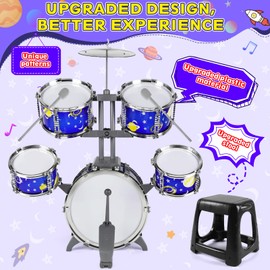 M SANMERSEN Upgraded Kids Jazz Drum Set Toddler Toy Drum Set with Stool, Plastic Rock Jazz Drum Kit Musical Toys Gift for Boys Girls 1-3 3-5