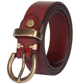 TYWestyles Womens Belt for Jeans Genuine Leather Belt Vintage Solid Brass Circle buckle Gift Box Packaging, Wine-1, M(Low Waist 32-33)