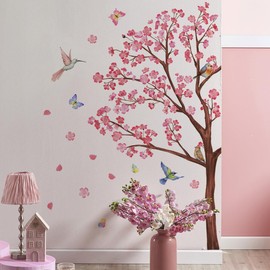 Mestiker Wall Sticker Pink Flower Cherry Blossom Tree Small Bird Pink Peach Blossom Tree Branch Bird Butterfly Wall Paper Fashion Removable Waterproof Wall Sticker Decoration Indoor Waterproof Wall