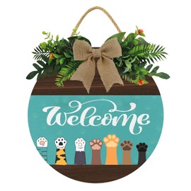 KPSheng Welcome Cute Cat Paws Door Sign, Farmhouse Door Sign for Front Door Porch Decor with Eucalyptus Leaves & Buffalo Bow,12inch Welcome Wreath Sign Hanging for Cats Lovers Christmas Decoration