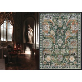 RUGSURE Washable Area Rugs - Perfect for Living Room, Bedroom, Kids Room, Nursery - Stain & Water Resistant Non-Slip, Pet & Child Friendly, Vintage Tribal Area Rugs (Green, 5' x 7')