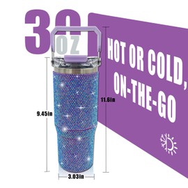 30oz Bling Rhinestone Studded Tumbler with Top Handle and Leakproof Lid Vacuum Insulated Stainless Steel Glitter Crystal Water Bottle with Flip Straw Reusable Cup Outdoors Travel Mugs (Violet)
