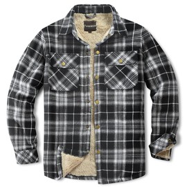 Puwasa Men's Sherpa Lined Cotton Flannel Shirt Jacket Plaid Button Up Jacket Coat for Men with Pocket Black Large