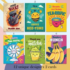 Hat Acrobat 24 Funny Greeting Cards Assortment Box with Envelopes - Funny Thinking of You Cards 12 Designs 2 Cards Each - Funny Thank You Cards for Coworkers, Friends, Kids, Teachers (Punny)