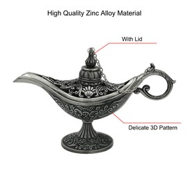 Honoro Vintage Legend Aladdin Magic Genie Lamp - Metal Carved Wishing Light for Home Wedding Party Tabletop Decoration Delicate Gift,Medium Silver