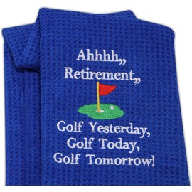 LEVLO Ahhhh Retirement Golf Yesterday Golf Today Golf Tomorrow Embroidered Golf Towel with Clip Golf Gift for Men (Blue-WH)