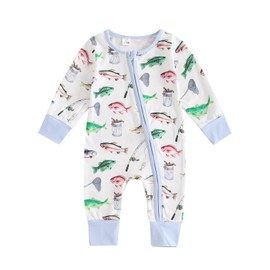 Ysfanwuxi Newborn Baby Girl Boy Fishing Outfit Fish Print Long Sleeve Romper Zipper Jumpsuit Infant Coming Home Clothes (Blue, 6-12 Months)