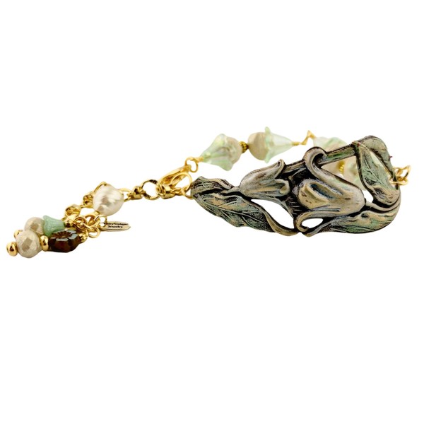 Handmade Mint Green Lily Flower Bracelet with Cream Beads