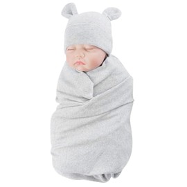 Exemaba Unisex Baby Swaddle Blanket with Hat Set Newborn Swaddle Receiving Blankets Sleep Sack for 0-3 Months Boys Girls(Grey)