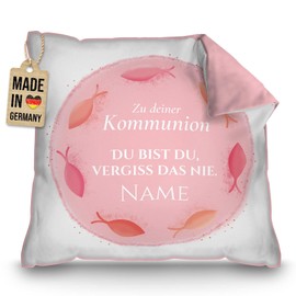PR Print Royal Kissen zur Kommunion mit Name selbst gestalten - Du bist Du, vergiss das nie - Rosa - Personalisierte Kommunionsgeschenke, inkl. Füllung, 40 x 40 cm, Rückseite Rosa