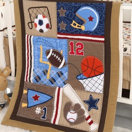 Wowelife Sports Mini Crib Bedding Set Boy Brown 3PCs Mini Crib Comforter Set Basketball Baseball Rugby Nursery Bedding Sets for Boys with Soft Crib Comforter, Crib Skirt and 38x24 Crib Sheet, Brown