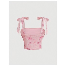 GORGLITTER Women's Bow Tie Shoulder Crop Tops Mesh Floral Boho Top Ruched Cami Tops Blue Small