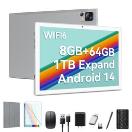 Newest Android 14 Tablet WIFI6 Large Storage 8GB RAM (4+4 Virtual) + 64GB ROM+512GB Expandable, Octa-Core 2 in 1 Tablet with Keyboard, 7000 mAh Battery Tablet 10.1 Inch Screen, Bluetooth/Case/Mouse - Color: Silver