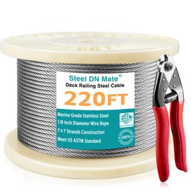 Steel DN Mate Stainless Steel Cable for Railing DIY, 220FT 1/8" Wire Rope Cable, 1800lb Breaking Strength, Steel Wire with Cutter DS02