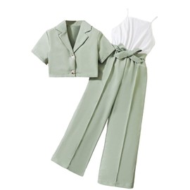Floerns Girl's 2 Piece Outfits Short Sleeve Button Front Blazer Jacket & Belted Cami Jumpsuit Sets Green and White 10Y