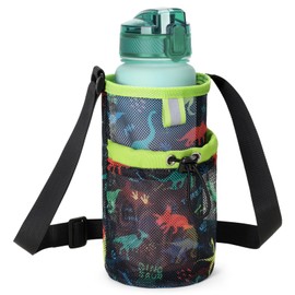 BrainyBees Mesh Water Bottle Carrier for Kids - Water Bottle Holder with Strap, Boys Water Bottle Sling Bag for 10/12/14/16/18Oz Water Bottles Walking Hiking Camping, Black Dinosaur