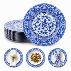 osgevei Blue Charger Plates Set of 12-13in Heavy Duty Chargers for Dinner Plates- Round Plastic Plate Chargers w/Porcelain Floral- Table Chargers for Wedding, Party, Banquets, Holidays