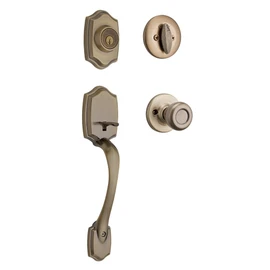 Kwikset Belleview Front Door Lock Handle and Deadbolt Set, Entry Handleset Exterior with Interior Door Knob, Antique Brass, Pick Resistant SmartKey Rekey Deadbolt Security