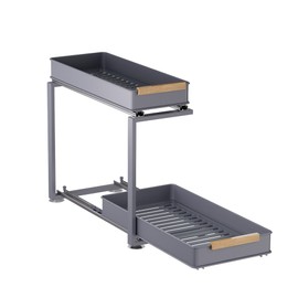 MEICCIPLUS Pull Out Under Sink Organizer, 2 Tier Slide Out Drawer for Kitchen, Bathroom and Cabinet Storage, Steel, Gray
