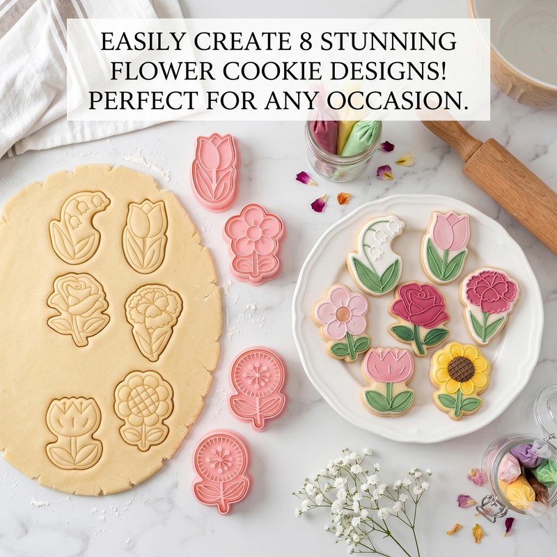 8 Pcs Flower Cookie Cutter Set, 3D Spring Floral Cookie