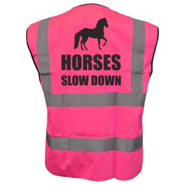 Equestrian HORSES SLOW DOWN Hi Viz Vis Vest Horse Riding Reflective Waistcoat Jacket Road Safety Visibility Pink X-Large