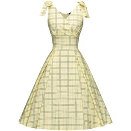 GownTown Women's 1950s V-Neck Adjustable Bowknot Swing Cocktail Dress Yellow Plaid