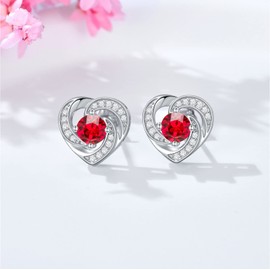 AOBOCO 925 Sterling Silver Heart Birthstone Stud Earrings for Women Valentines Day Anniversary Jewelry Gift for Girlfriend Wife (Ruby Red)