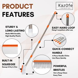 KazOfe 2-in-1 Floor Scrubbing Brush with Squeegee, Heavy Duty Stiff Bristles for Deep Cleaning, Long Handled Scrubbing Brush for Indoor and Outdoor Use (White)