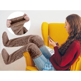 Over Knee High Fuzzy Socks Plush Slipper Stockings Furry Long Leg Warmers Winter Home Sleeping Socks (AU, Alpha, One Size, Regular, Regular, Brown)