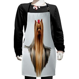 Ambesonne Yorkie Apron, Photo of Yorkshire Terrier with Groomed Hair Lying Beside It Yorkie, Small Apron Bib with Adjustable Ties for Baking Painting, Small Size, Brown White