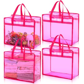 Maasechs 4 Pcs PVC Transparent Zippered Storage Bags Closet Organizers and Plastic Duffel Bags with Reinforced Handle for Bedding Clothing Comforters Pillows(Rose Red)