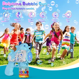Babuloo Dolphins Bubble Gun for Kids, Portable Bubble Machine Gun 10000+ Bubbles Per Minute with Bubble Solution, 10 Holes Bubble Making Toys with Lights for Outdoor Party Wedding Easter