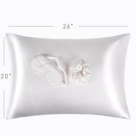 URLINENS Satin Pillowcase for Hair and Skin, Vegan Silk Pillowcase Set-2 Ivory Satin Pillowcases Standard Size, 1 Eye Mask, 1 Scrunchie-Luxury Sleep Set, White Pillow Cases with Envelope Closure