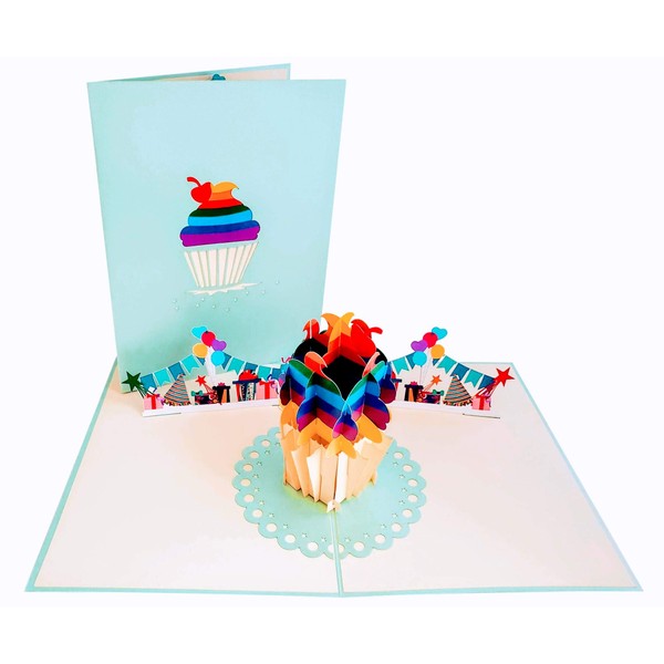 iGifts And Cards Happy Birthday Rainbow Cupcake 3D Pop Up Greeting Card - Fun, Special Days, Congratulations, Celebration, Cool, Son, Daughter, Party