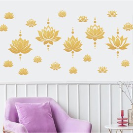 PLIGREAT 2 Sheets Lotus Flower Wall Decals DIY Gold Dot Removable Vinyl Stickers for Yoga Center Bedroom Living Room Zen Room Meditation Home Background Wall Art Decor Yoga Lovers Gift