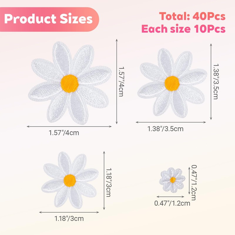 40Pcs Daisy Patches, 4 Sizes Daisy Flower Patches Iron on