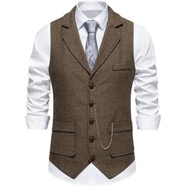 HAPNBCELE Men's Formal Waistcoat for Wedding Business and Tuxedo Solid Color Suit Vest with Adjustable Fit(XL,brown)