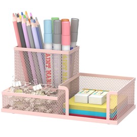 SUPEASY Mesh Pen Holder Desk Organizer, Office Supplies Pencil Storage with 3 Compartments, Office Desk Accessories and Workspace Organizers for Home School, Pink