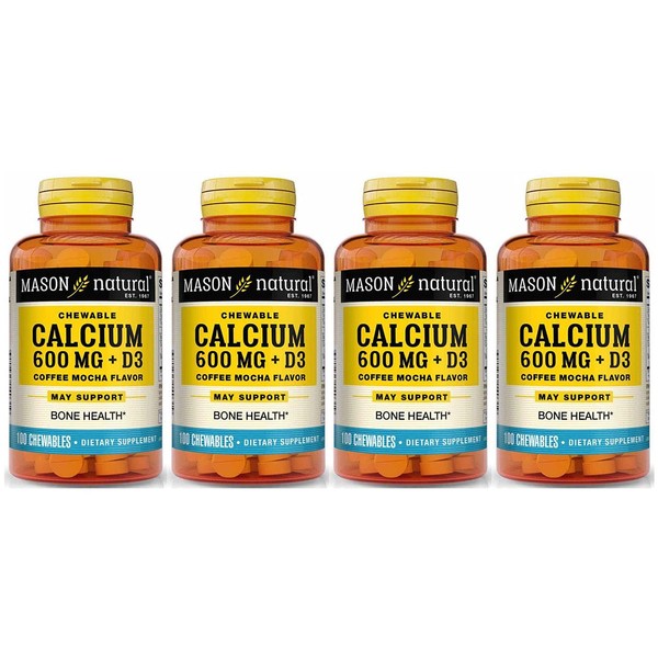 Mason Natural Calcium 600 mg + D3 Chewable Coffee Mocha Flavor - 100 Tablets, Pack of 4