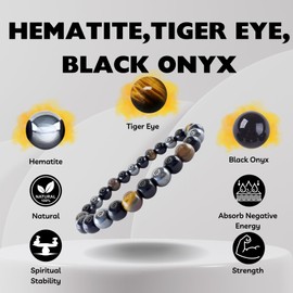 Beads Bracelet 8 Mm Tigers Eye Triple Protection Bracelet Hematite Beads Black Onyx Balance Bracelet Gemstones Howlite Lava Rock Protection Luck Prosperity Unisex 16cm To 18cm (Triple Protection)