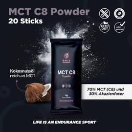 MCT Öl Pulver - Sticks - Ketone & Ketose - MCT Öl C8 - Ballaststoffe - Keine Zusatzstoffe Ohne Zucker - Vegan - 20 Sticks à 10 g - Geschmacksneutral - Daily Endurance