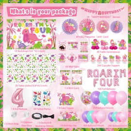 FrozzlyFun Girl Dinosaur 4th Birthday Decorations for Girls, Roar Im 4 Pink Dino Theme Party Decor Supplies - Backdrop, Banner, Tablecloth, Centerpieces, Temporary Tattoos, Fans Pompoms, Wall Signs