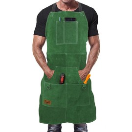 DIMWELD Leather Welding Apron for Men Flame Retardant Thermal Workshop Welding Apron Adjustable Protective Clothing with 6 Tool Pockets, Green, One size fits all