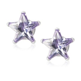 4MM Star Cut CZ Birthstone Stud Earrings/Ear Studs for Women - 925 Sterling Silver - Lavender Purple