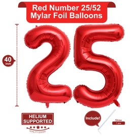 40 Inch Red 25 Number Balloons Giant Jumbo Huge 25 or 52 Foil Mylar Helium Number Digital Balloons Red Birthday Mylar Digital Balloons 25 Birthday Party 25th Anniversary Events Party Decorations