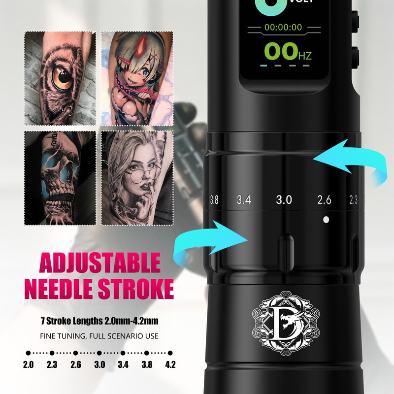 Tattoo Kit: Cordless Tattoo Gun with Adjustable Stroke, 38mm Grip