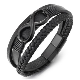 COOLSTEELANDBEYOND Black Steel Infinity Love Number 8 Friendship Three-Strand Black Braided Leather Bangle Bracelet
