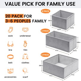 Criusia Criusia 20 Pack Drawer Organizer Bins - Grey Fabric Closet Organization and Storage Dividers for Baby Clothes, Adult Socks, Underwear, Bra, etc.