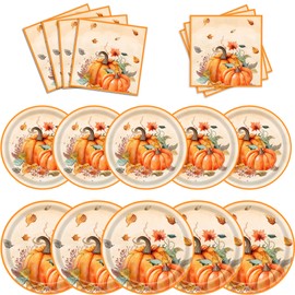 SJJPDYY 150Pcs Thanksgiving Plates and Napkins Set for 50 Guests, 9" Pumpkin Plates, Leave shaped Napkins, 7" Forks for Friendsgiving, Fall Party Supplies, Total 150PCS