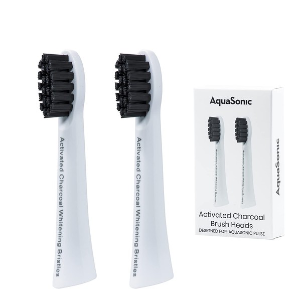 AquaSonic Pulse Activated Charcoal Replacement Brush Heads - Ultra Whitening Brush Heads - 2X Whitening & Stain Remover - Compatible only with AquaSonic Pulse- 2 Pack (White)